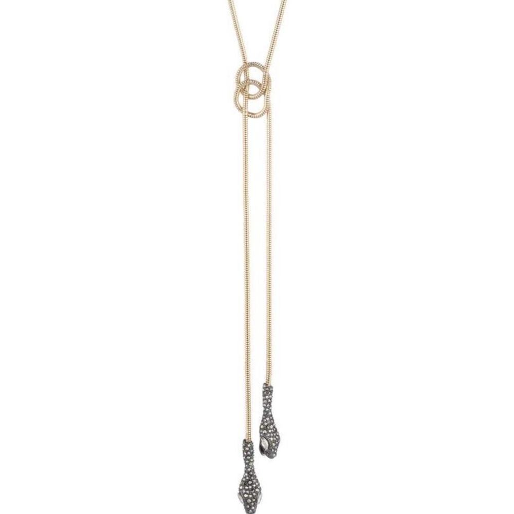 Alexis Bittar Coiled Serpent Snake Bolo Lariat Necklace Crystal Encrusted Heads